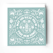 Christian greeting card featuring a floral design and the verse "May God bless you in your new home!