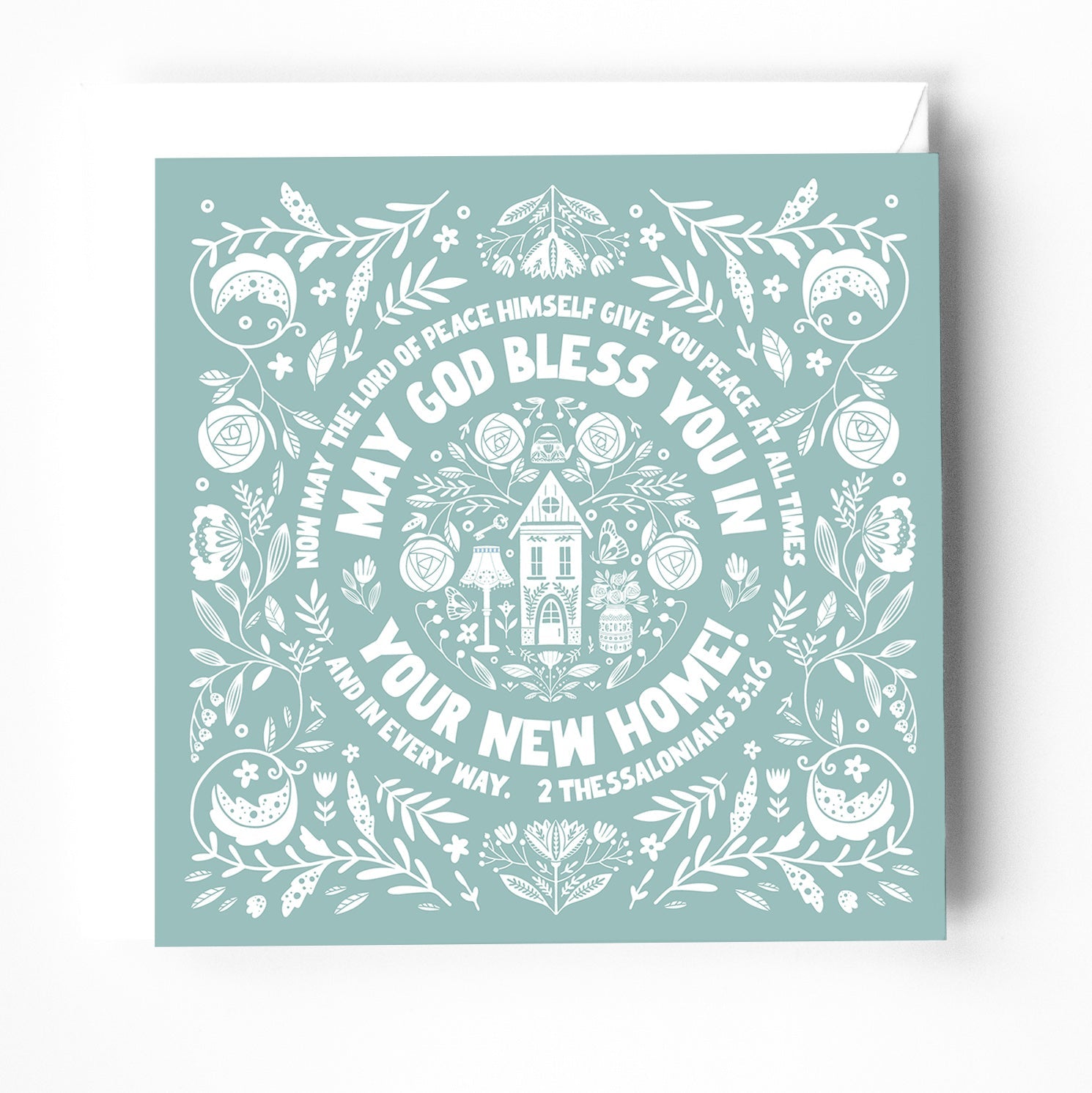 New Home Christian greeting card with bible verse. Scandi style. 2 Thessalonians 3:16 - The Christian Poster Company