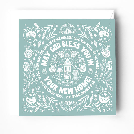 New Home Christian greeting card with bible verse. Scandi style. 2 Thessalonians 3:16 - The Christian Poster Company