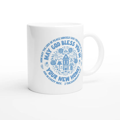Modern blue and white ceramic Christian gift mug with scripture and housewarming blessing, perfect for new house gift