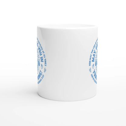 Modern blue and white ceramic Christian gift mug with scripture and housewarming blessing, perfect for new house gift