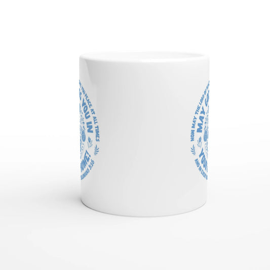 Modern blue and white ceramic Christian gift mug with scripture and housewarming blessing, perfect for new house gift