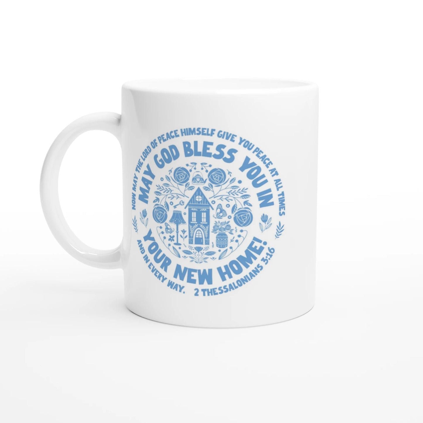 Modern blue and white ceramic Christian gift mug with scripture and housewarming blessing, perfect for new house gift