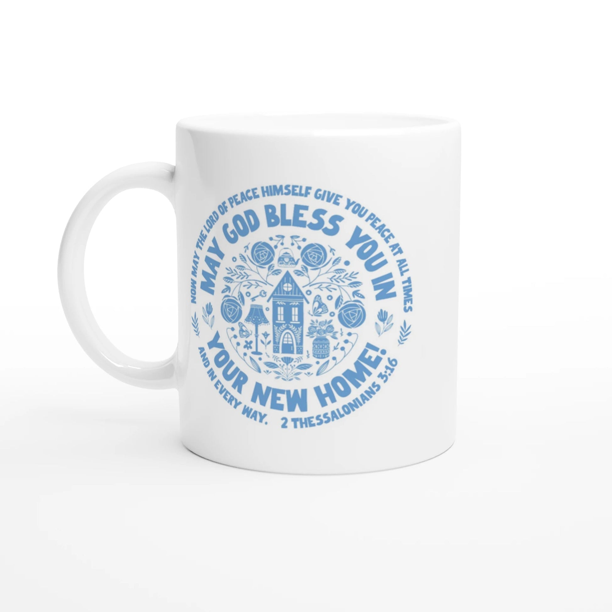 Modern blue and white ceramic Christian gift mug with scripture and housewarming blessing, perfect for new house gift