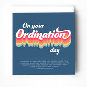 Greeting card with colorful retro text saying 'On your Ordination day' and a bible verse below.