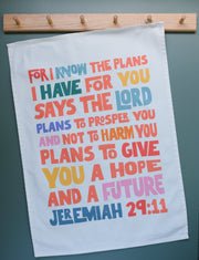 Bright modern Christian tea towel Jeremiah 29:11