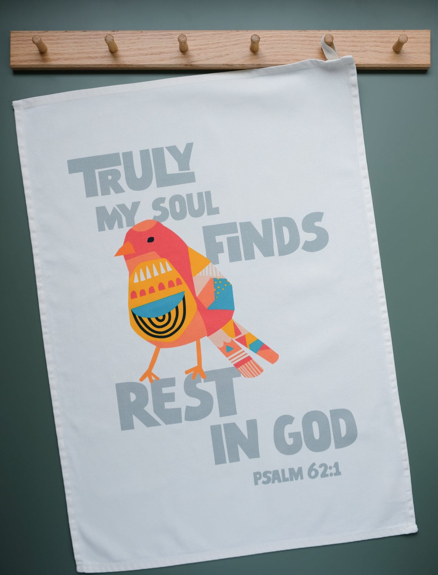 Modern Christian tea towel bird design Psalm 62:1