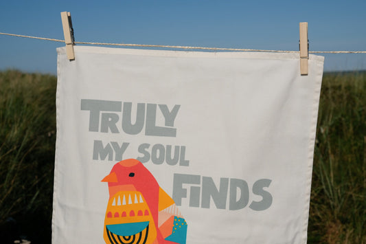 Modern Christian tea towel bird design Psalm 62:1