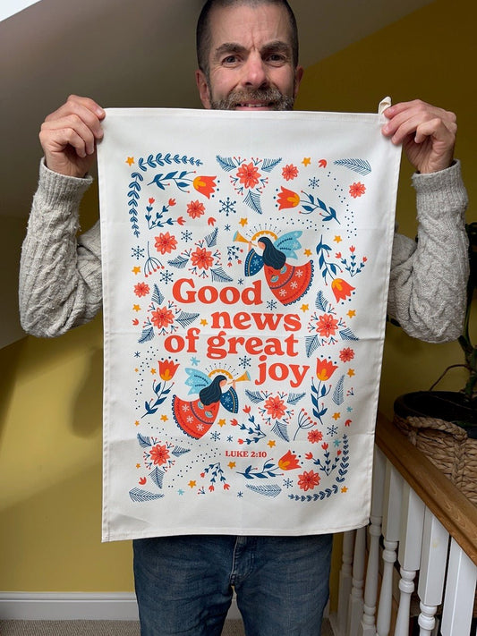 Organic cotton Christmas tea towel with bible verse. Good news of great joy. - The Christian Poster Company