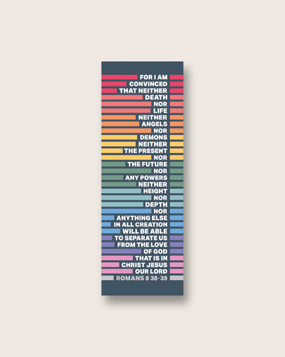 Pack of 30 rainbow Christian bookmarks with Romans 8:38-39 verse in a bright, modern design perfect for gifts.
