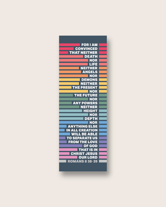 Pack of 30 rainbow Christian bookmarks with Romans 8:38-39 verse in a bright, modern design perfect for gifts.