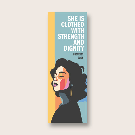 Pack of 30 Christian bookmarks. One design. 'She is clothed with strength and dignity'. Proverbs 31 - The Christian Poster Company
