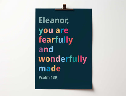 Personalised Psalm 139 poster, Fearfully and Wonderfully Made, Christian wall art gift, custom name faith-inspired design.