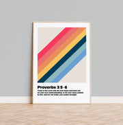 Wall art poster featuring Proverbs 3:5-6 with colorful diagonal stripes and modern typography.