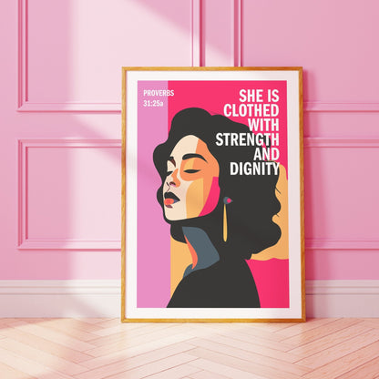 Proverbs 31 Christian poster. PINK EDITION. She is clothed with strength and dignity, Bible wall art, Christian Gift, Proverbs 31 Woman - The Christian Poster Company