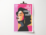 A4 poster featuring a woman with bold colors and the text 'She is clothed with strength and dignity' from Proverbs 31:25a.