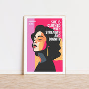 Colorful poster featuring a woman with bold features and text: 'She is clothed with strength and dignity', Proverbs 31:25