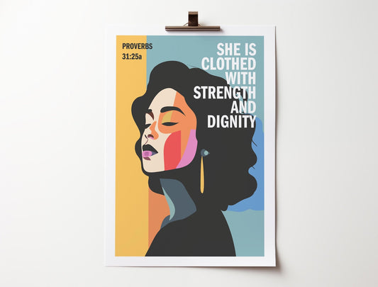Proverbs 31 Christian poster, She is clothed with strength and dignity. - The Christian Poster Company