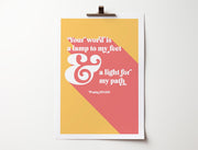 Poster featuring the text 'Your word is a lamp to my feet & a light for my path' in bold typography on a yellow and pink