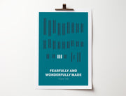 Teal poster featuring vertical lines and text "FEARFULLY AND WONDERFULLY MADE" with "Psalm 139" below.
