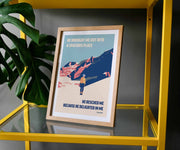 Framed poster featuring Psalm 18:19 with a person standing on a mountain, colorful minimalist design.