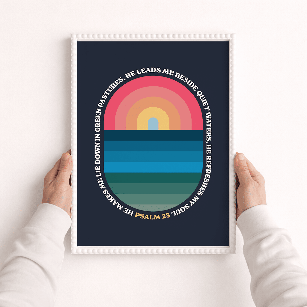 Psalm 23 He refreshes my soul Navy A3 framed poster - The Christian Poster Company