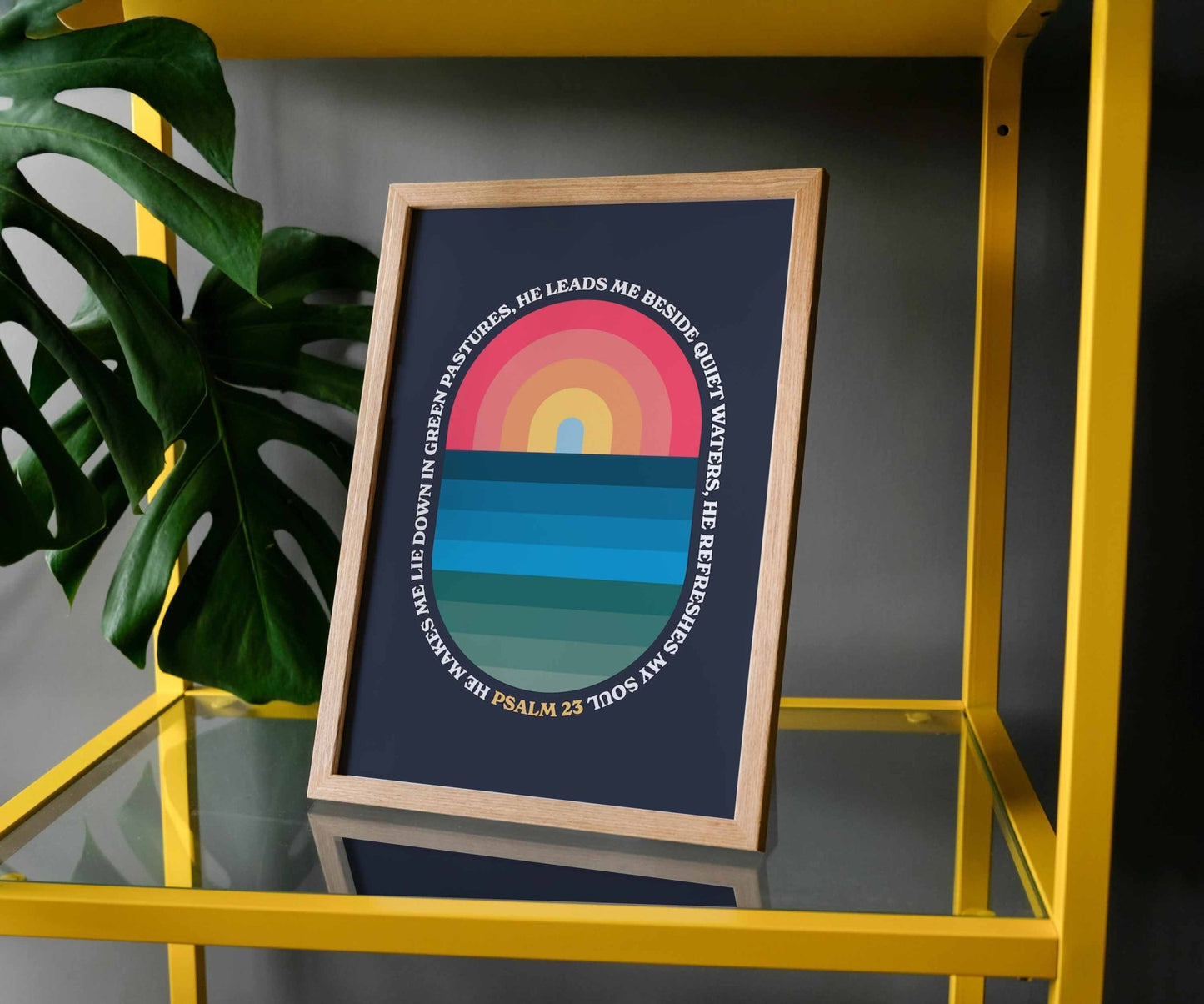 Psalm 23 He refreshes my soul Navy A4 framed poster - The Christian Poster Company