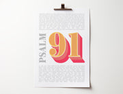 A4 poster featuring the text 'PSALM 91' in bold orange and red typography, with scripture text in gray background.
