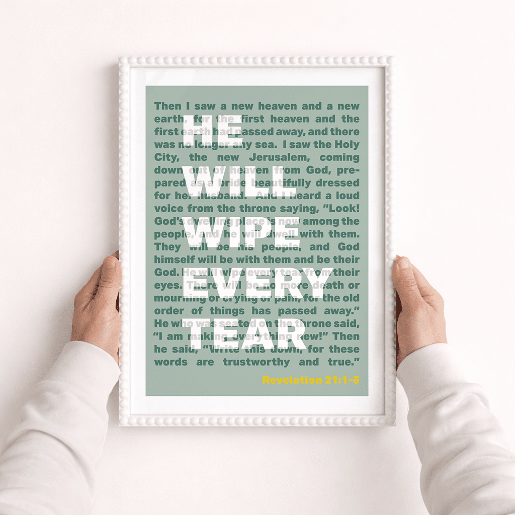 Revelation 21 He will wipe every tear A3 framed poster - The Christian Poster Company