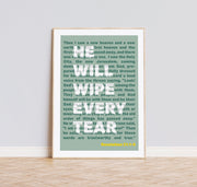 Poster featuring the text 'He will wipe every tear' with a light green border and minimalist design, scripture reference at