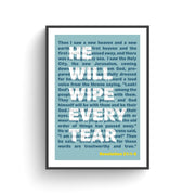 Blue poster featuring Revelation 21:4 text, framed, with a minimalist design and white lettering.