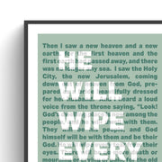Poster featuring the text 'He will wipe every tear' with a minimalist design and scripture reference.