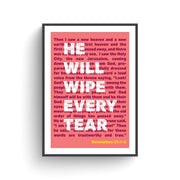 Coral poster featuring Revelation 21:1-5 with bold text and a minimalist design, framed in black.