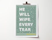 Green poster featuring the text "He will wipe every tear" with a scripture reference from Revelation 21:1-5.