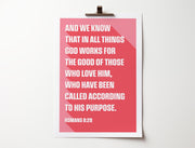 Coral poster featuring Romans 8:28 text in bold white font, with a clip at the top.