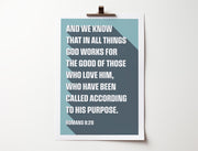 Poster featuring Romans 8:28 in bold white text on a blue background with geometric design.