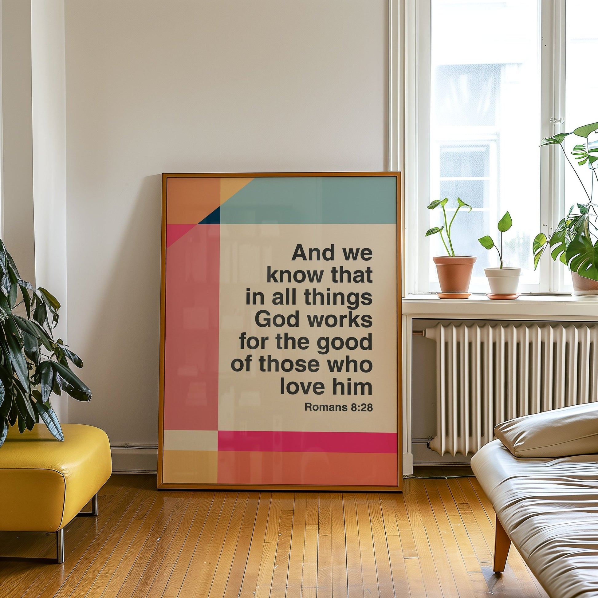 Modern geometric Christian poster of Romans 8:28. Inspiring wall art with Bible verse about God working for good.