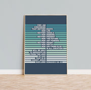 Poster featuring Romans 8:38-39 in modern typography, with green and blue stripes on a dark background.