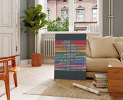 Poster featuring Romans 8:38-39 in colorful text, displayed in a cozy room with plants and modern furniture.