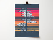 Poster featuring Romans 8:38-39 in colorful striped design on a dark background, with a clip at the top.