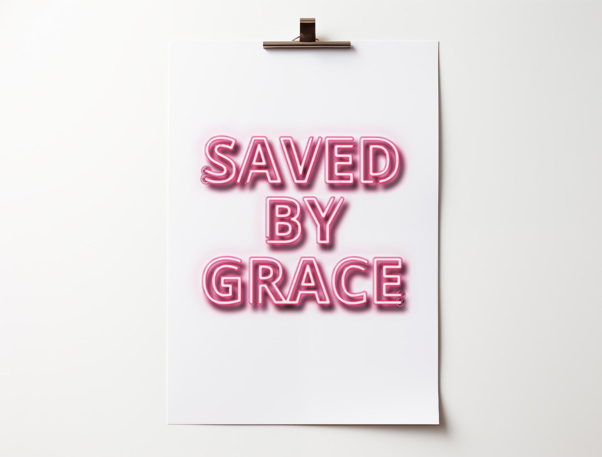 Saved by Grace neon effect modern Christian poster. Christian wall art. - The Christian Poster Company