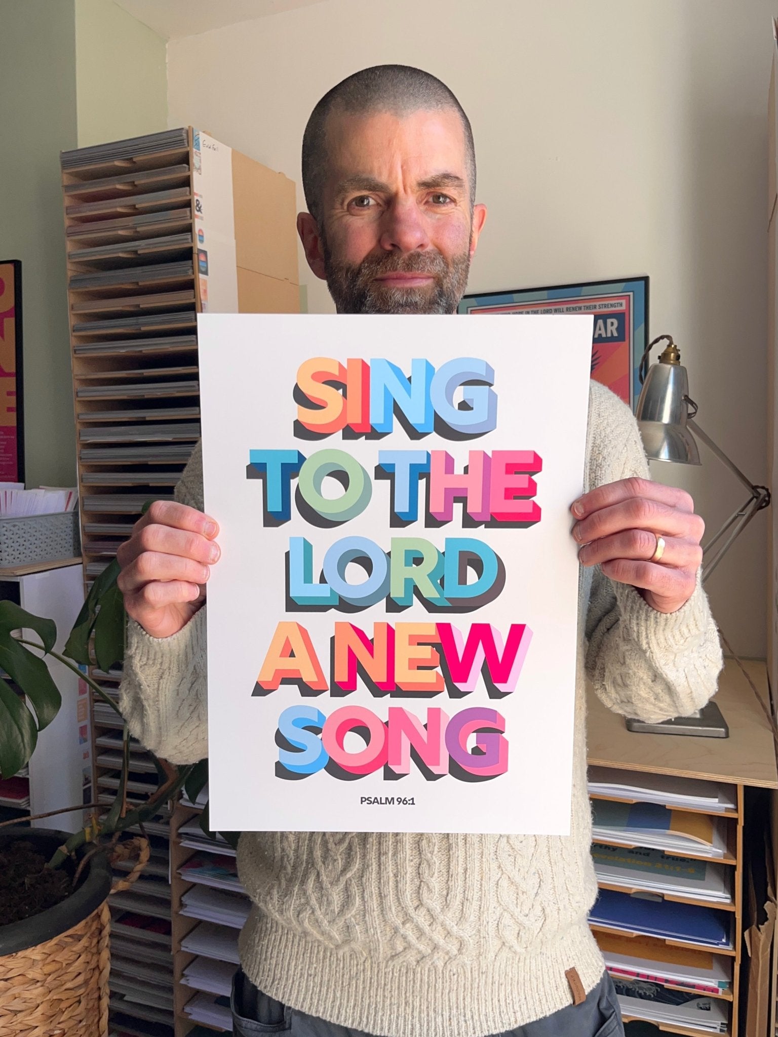 Bright and colourful Christian poster with Psalm 96:1 verse “Sing to the LORD a new song” in a modern, joyful and simplistic design.
