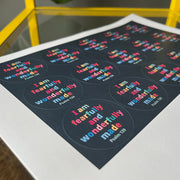 Sticker sheets featuring the phrase 'I am fearfully and wonderfully made' with colorful text on a dark background.