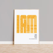 Modern typography poster featuring the 7 'I am' statements of Jesus in bold yellow text on a white background.