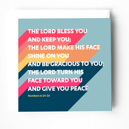 Christian greeting card, The Blessing Numbers 6:24-26, bright colourful design, joyful faith-inspired encouragement card.