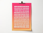 Poster featuring The Lord's Prayer in bold white text on a gradient sunset background, hung with a clip.