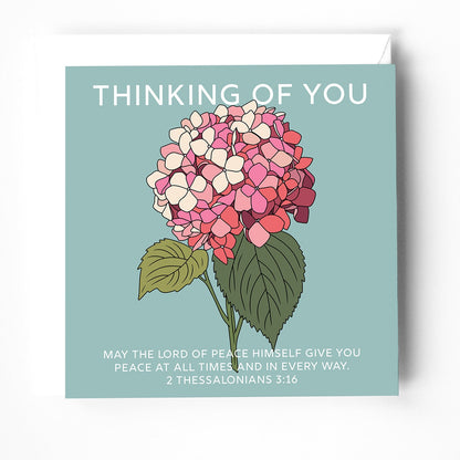 Blue and pink flower design Christian "thinking of you" card
