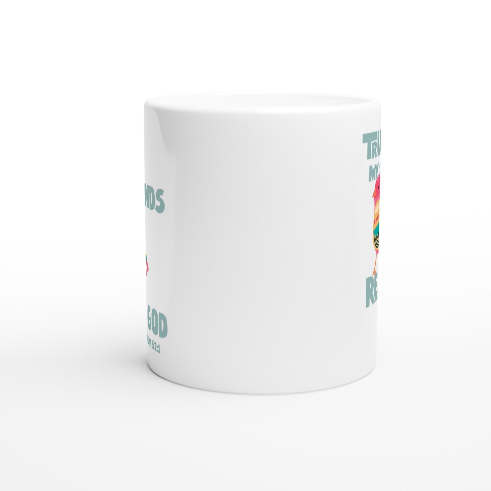 Modern Christian mug bird design Psalm 62:1 verse