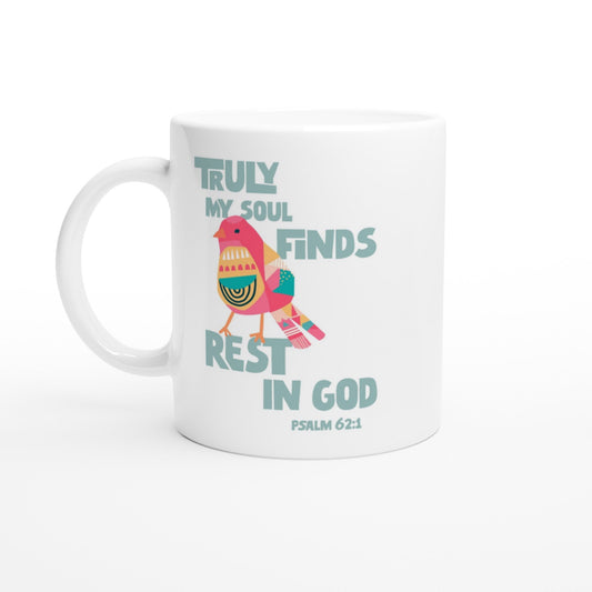 Modern Christian mug bird design Psalm 62:1 verse