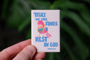 Magnet featuring a colorful bird and text 'Truly my soul finds rest in God Psalm 62:1' on a white background.